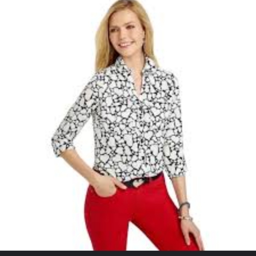 Talbots Nantucket Preppy Navy and White Hearts Valentines Day Button Up Blouse S